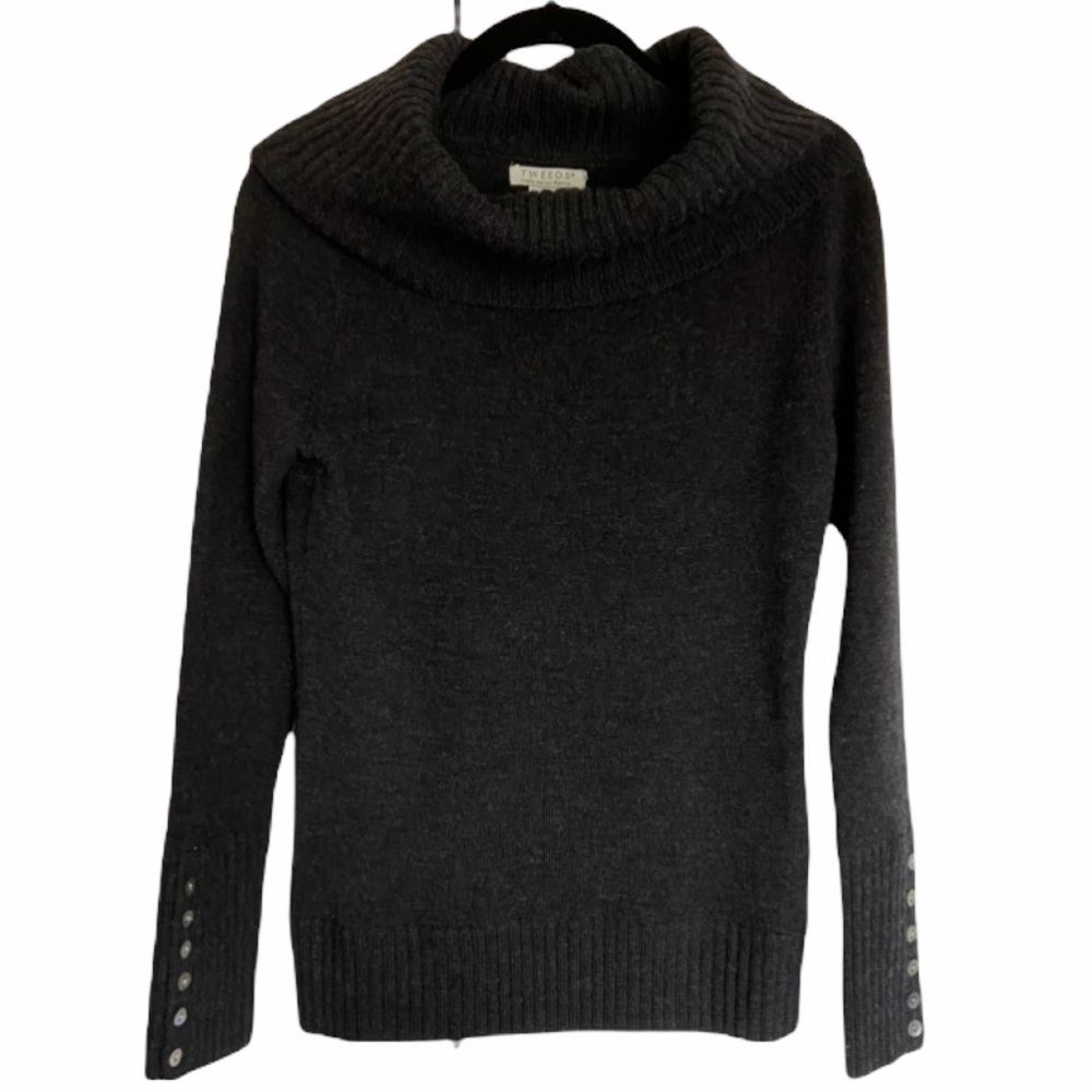 Tweeds Merino Wool Women’s Sweater Cowl Neck Dark Grey Small Cozy Button Sleeves